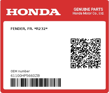 Product image: Honda - 61100HP5660ZB - FENDER, FR. *R232*  0