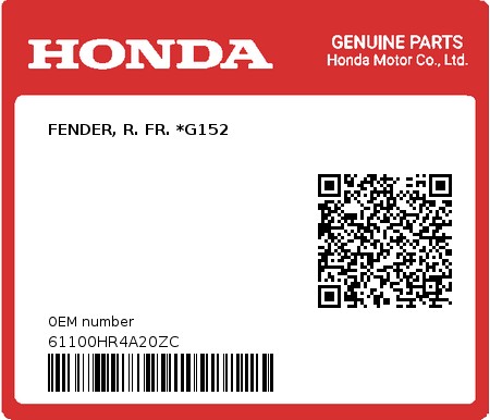 Product image: Honda - 61100HR4A20ZC - FENDER, R. FR. *G152  0