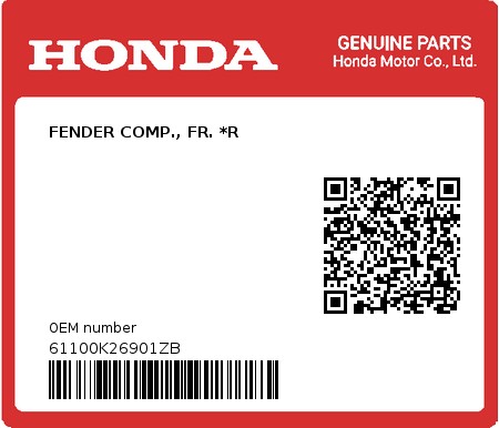 Product image: Honda - 61100K26901ZB - FENDER COMP., FR. *R  0