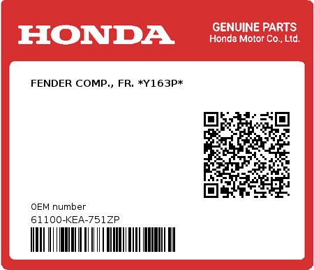 Product image: Honda - 61100-KEA-751ZP - FENDER COMP., FR. *Y163P*  0