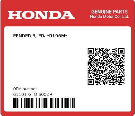 Product image: Honda - 61101-GT8-600ZR - FENDER B, FR. *R196M*  0