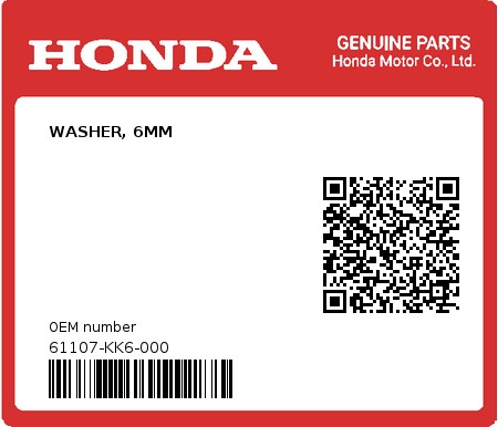 Product image: Honda - 61107-KK6-000 - WASHER, 6MM 