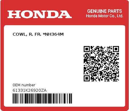 Product image: Honda - 61331K26920ZA - COWL, R. FR. *NH364M 