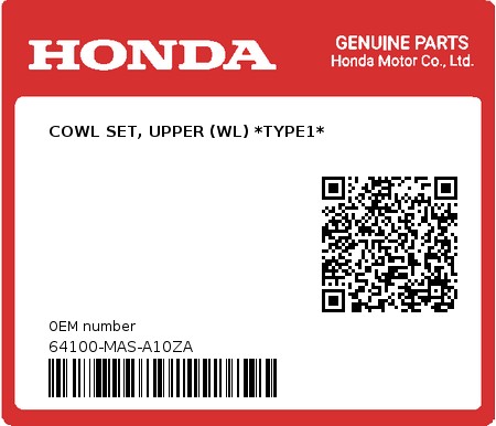 Product image: Honda - 64100-MAS-A10ZA - COWL SET, UPPER (WL) *TYPE1* 