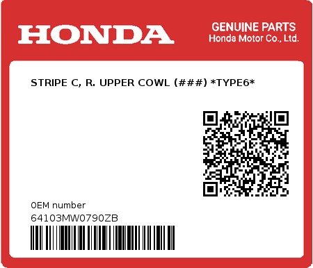 Product image: Honda - 64103MW0790ZB - STRIPE C, R. UPPER COWL (###) *TYPE6* 