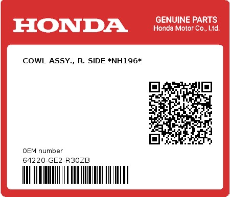 Product image: Honda - 64220-GE2-R30ZB - COWL ASSY., R. SIDE *NH196*  0