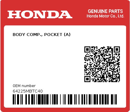 Product image: Honda - 64225MBTC40 - BODY COMP., POCKET (A)  0