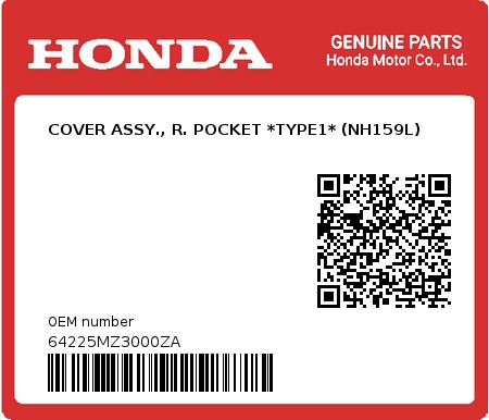 Product image: Honda - 64225MZ3000ZA - COVER ASSY., R. POCKET *TYPE1* (NH159L) 