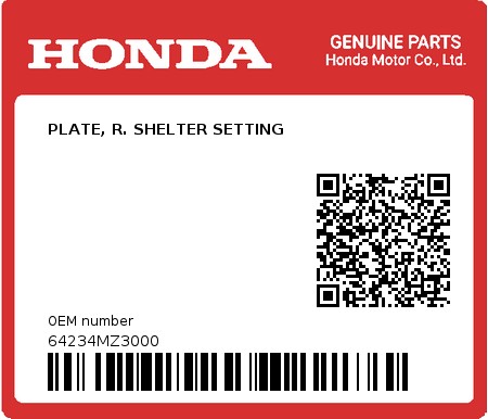 Product image: Honda - 64234MZ3000 - PLATE, R. SHELTER SETTING  0