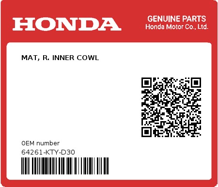 Product image: Honda - 64261-KTY-D30 - MAT, R. INNER COWL 