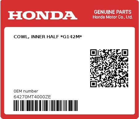 Product image: Honda - 64270MT4000ZE - COWL, INNER HALF *G142M* 