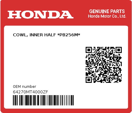 Product image: Honda - 64270MT4000ZF - COWL, INNER HALF *PB256M* 