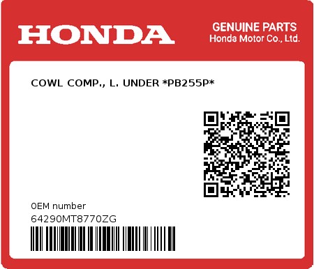 Product image: Honda - 64290MT8770ZG - COWL COMP., L. UNDER *PB255P*  0