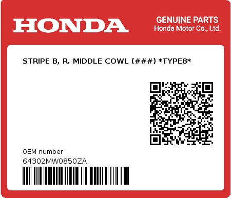 Product image: Honda - 64302MW0850ZA - STRIPE B, R. MIDDLE COWL (###) *TYPE8*  0