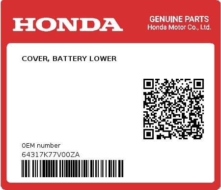 Product image: Honda - 64317K77V00ZA - COVER, BATTERY LOWER 