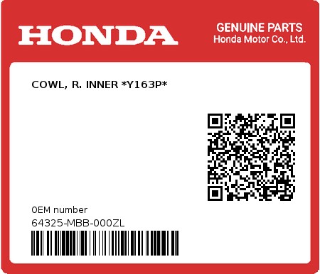 Product image: Honda - 64325-MBB-000ZL - COWL, R. INNER *Y163P*  0