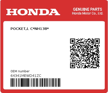 Product image: Honda - 64341MEWD41ZC - POCKET,L C*NH138* 