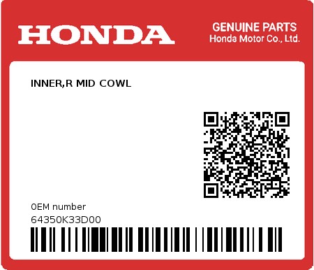 Product image: Honda - 64350K33D00 - INNER,R MID COWL 