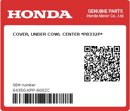 Product image: Honda - 64350-KPP-900ZC - COVER, UNDER COWL CENTER *PB332P*  0