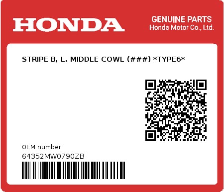 Product image: Honda - 64352MW0790ZB - STRIPE B, L. MIDDLE COWL (###) *TYPE6* 