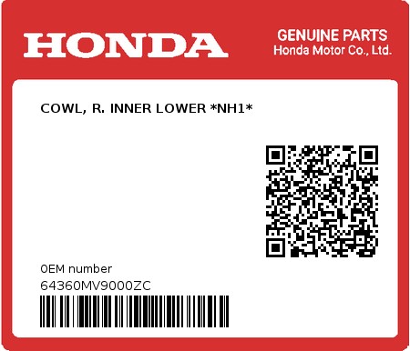 Product image: Honda - 64360MV9000ZC - COWL, R. INNER LOWER *NH1*  0