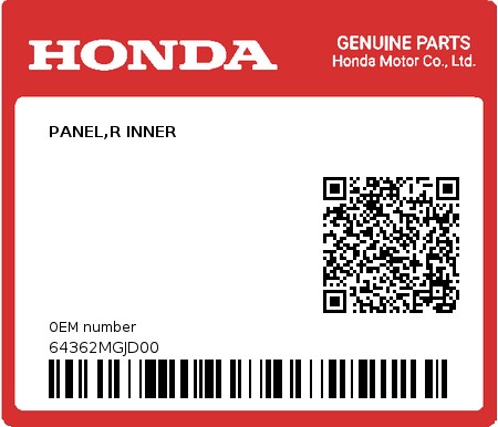 Product image: Honda - 64362MGJD00 - PANEL,R INNER  0