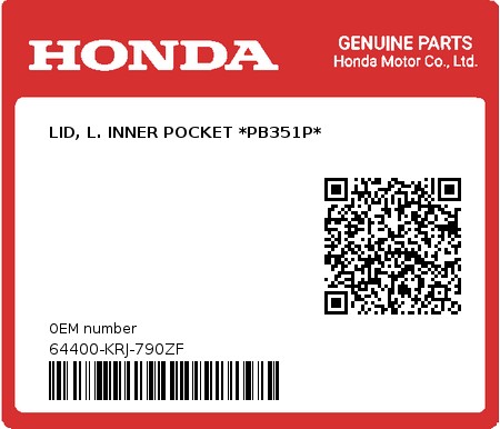 Product image: Honda - 64400-KRJ-790ZF - LID, L. INNER POCKET *PB351P*  0
