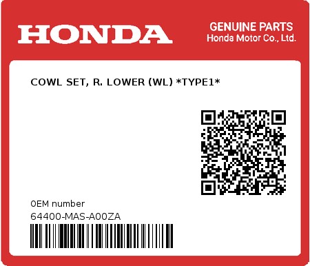 Product image: Honda - 64400-MAS-A00ZA - COWL SET, R. LOWER (WL) *TYPE1* 