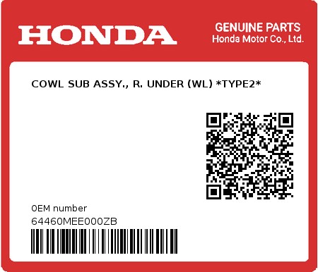 Product image: Honda - 64460MEE000ZB - COWL SUB ASSY., R. UNDER (WL) *TYPE2* 