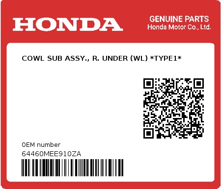 Product image: Honda - 64460MEE910ZA - COWL SUB ASSY., R. UNDER (WL) *TYPE1* 