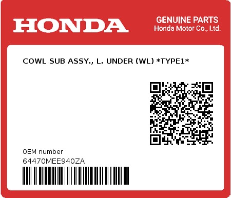 Product image: Honda - 64470MEE940ZA - COWL SUB ASSY., L. UNDER (WL) *TYPE1* 