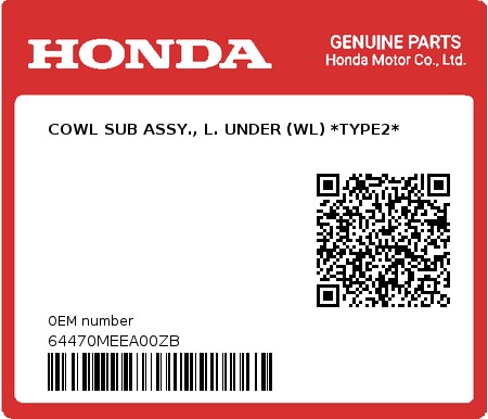 Product image: Honda - 64470MEEA00ZB - COWL SUB ASSY., L. UNDER (WL) *TYPE2* 