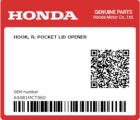 Product image: Honda - 64481MCT960 - HOOK, R. POCKET LID OPENER 