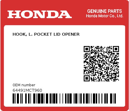 Product image: Honda - 64491MCT960 - HOOK, L. POCKET LID OPENER 