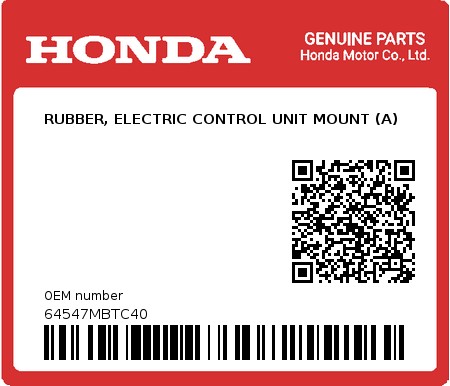 Product image: Honda - 64547MBTC40 - RUBBER, ELECTRIC CONTROL UNIT MOUNT (A) 