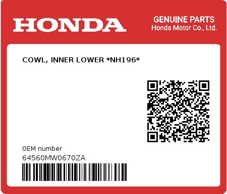 Product image: Honda - 64560MW0670ZA - COWL, INNER LOWER *NH196*  0