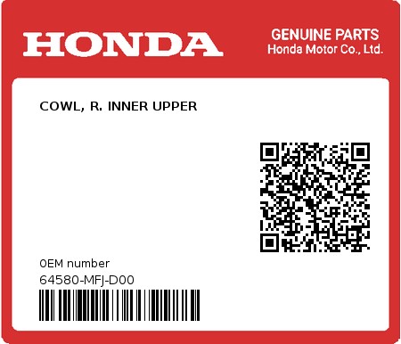 Product image: Honda - 64580-MFJ-D00 - COWL, R. INNER UPPER  0