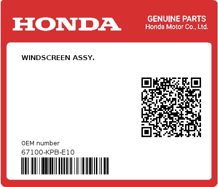 Product image: Honda - 67100-KPB-E10 - WINDSCREEN ASSY. 