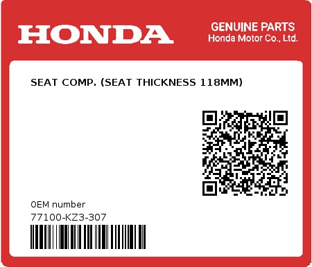 Product image: Honda - 77100-KZ3-307 - SEAT COMP. (SEAT THICKNESS 118MM)  0