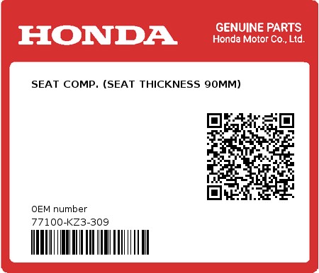 Product image: Honda - 77100-KZ3-309 - SEAT COMP. (SEAT THICKNESS 90MM) 