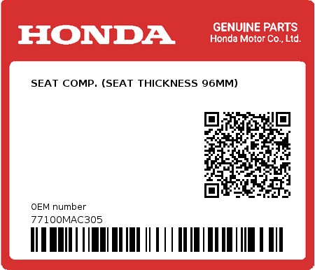 Product image: Honda - 77100MAC305 - SEAT COMP. (SEAT THICKNESS 96MM) 