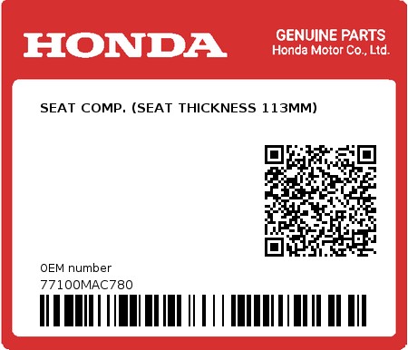 Product image: Honda - 77100MAC780 - SEAT COMP. (SEAT THICKNESS 113MM) 