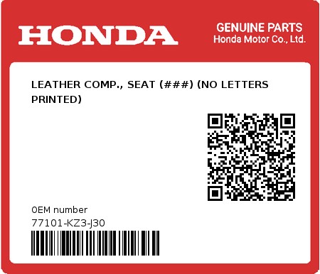 Product image: Honda - 77101-KZ3-J30 - LEATHER COMP., SEAT (###) (NO LETTERS PRINTED) 