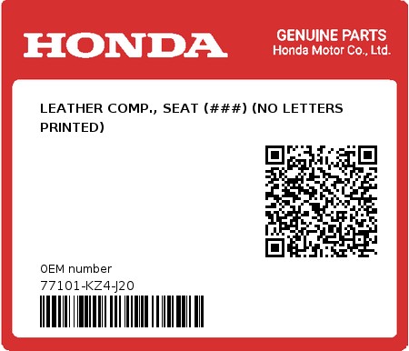 Product image: Honda - 77101-KZ4-J20 - LEATHER COMP., SEAT (###) (NO LETTERS PRINTED) 