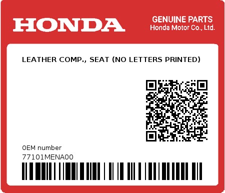 Product image: Honda - 77101MENA00 - LEATHER COMP., SEAT (NO LETTERS PRINTED)  0