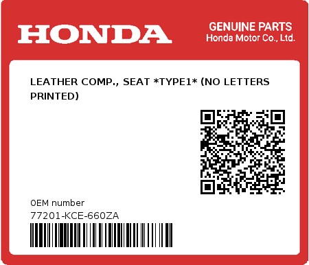 Product image: Honda - 77201-KCE-660ZA - LEATHER COMP., SEAT *TYPE1* (NO LETTERS PRINTED) 