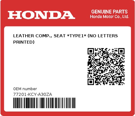 Product image: Honda - 77201-KCY-A30ZA - LEATHER COMP., SEAT *TYPE1* (NO LETTERS PRINTED)  0