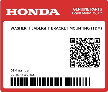 Product image: Honda - 77302KW7900 - WASHER, HEADLIGHT BRACKET MOUNTING (TDM) 