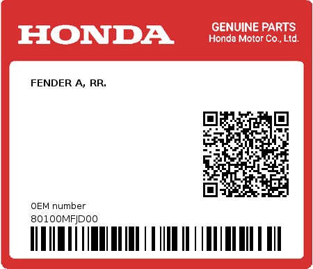 Product image: Honda - 80100MFJD00 - FENDER A, RR.  0