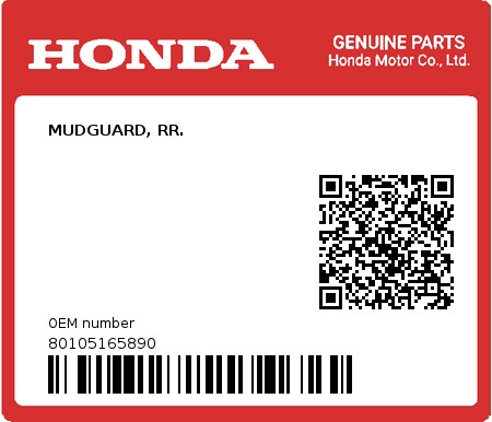 Product image: Honda - 80105165890 - MUDGUARD, RR.  0